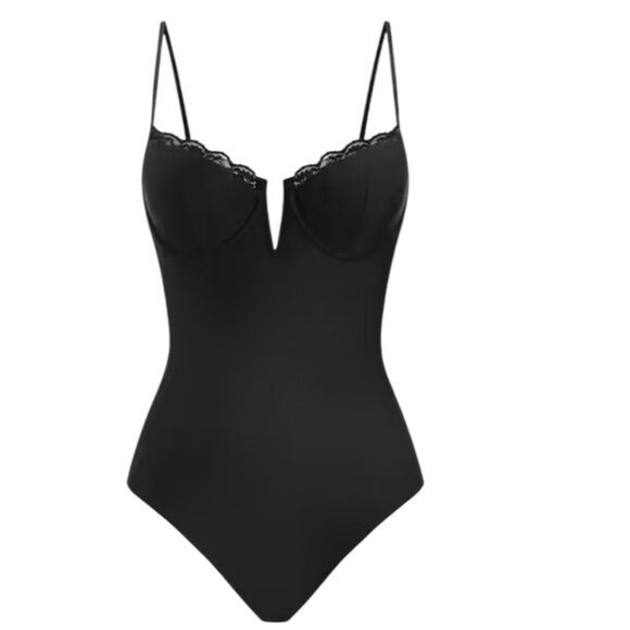 NWT Cupshe Tummy Control Lovely Lace Underwire One Piece Swimsuit Black Size M - Picture 6 of 16